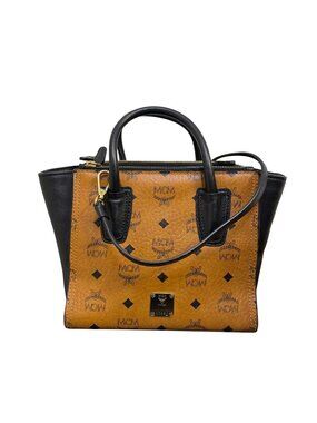 MCM Visetos Mini Tote Handbag Tan/Black Adjustable Crossbody Strap